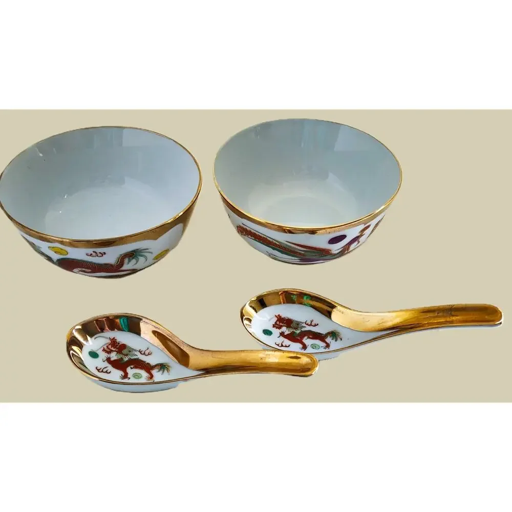 Bowls-Rice/Noodle-Chinese Theme-Spoons-Vintage-Gold Trim-Phoenix & Dragon-Set 2 - Picture 5 of 14
